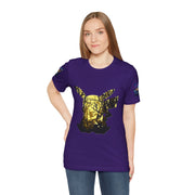 Woman wearing a purple t-shirt with a gold and black design on a white background