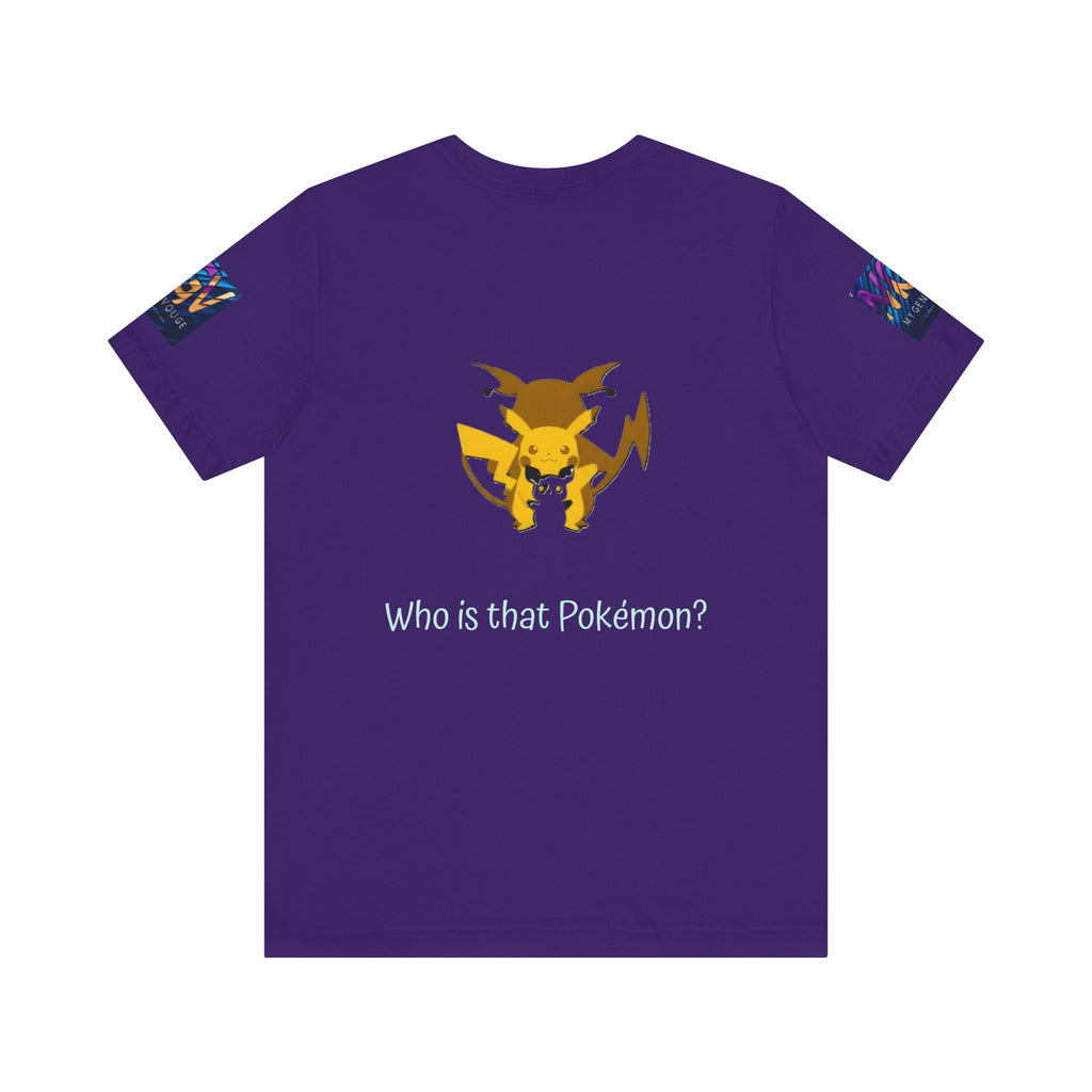 Purple t-shirt with a yellow and purple creature graphic and text 'Who is that Pokémon?' on a white background