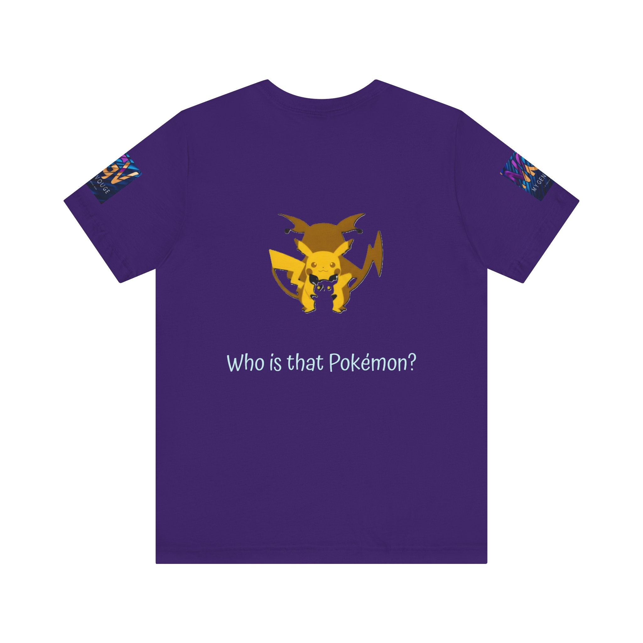 Purple t-shirt with a yellow and purple creature graphic and text 'Who is that Pokémon?' on a white background