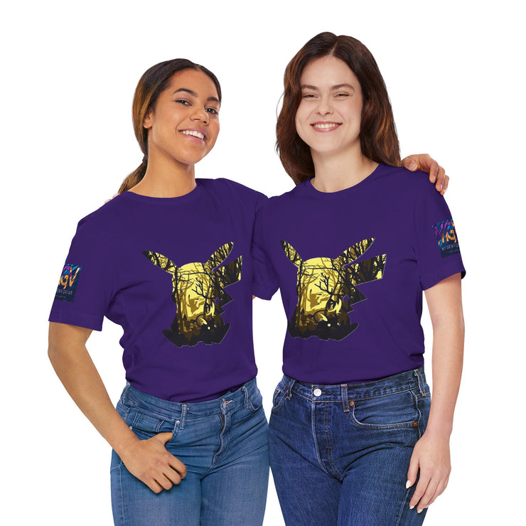 Two people wearing purple t-shirts with a gold and black design on a white background