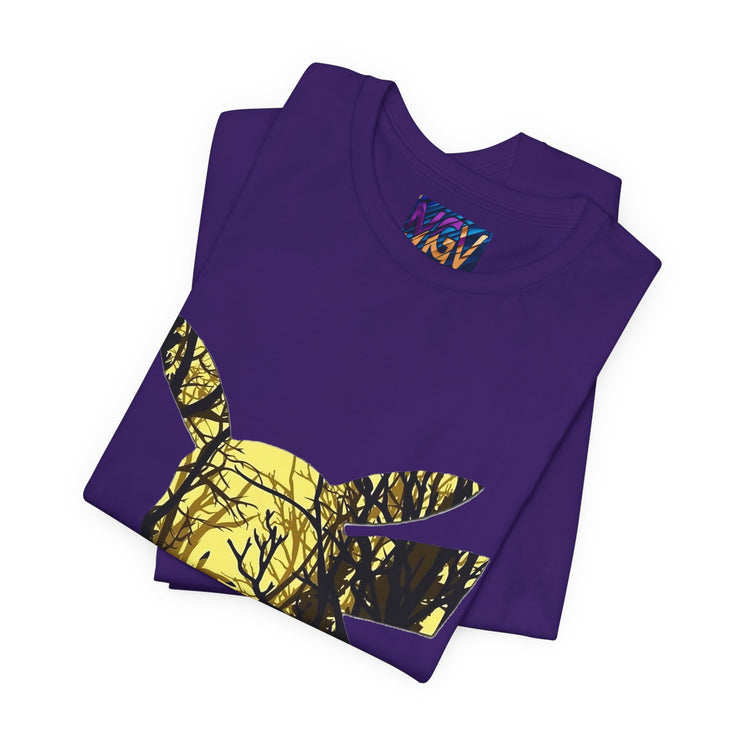 Purple t-shirt with yellow and black graphic design on a white background