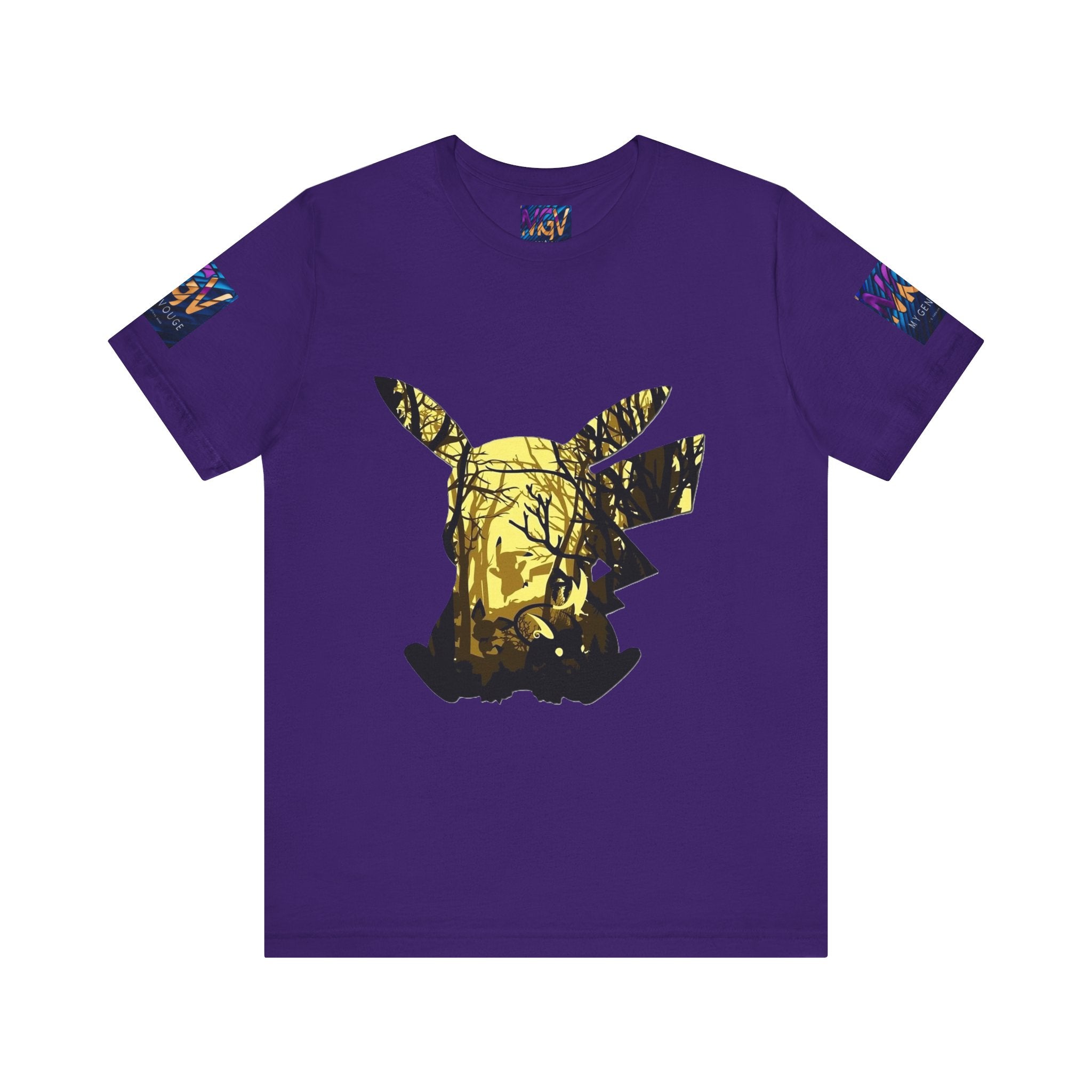 Purple t-shirt with a graphic design on a white background