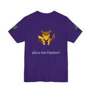 Purple t-shirt with a yellow and black logo and 'Who is that Pokemon?' text on a white background