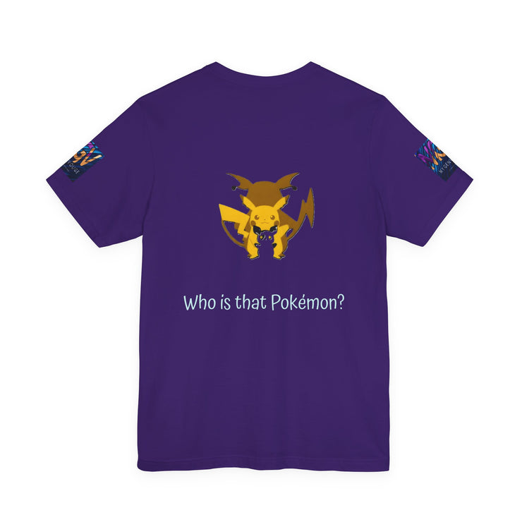 Purple t-shirt with a yellow and black logo and &