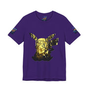 Purple t-shirt with a gold and black graphic design on a white background