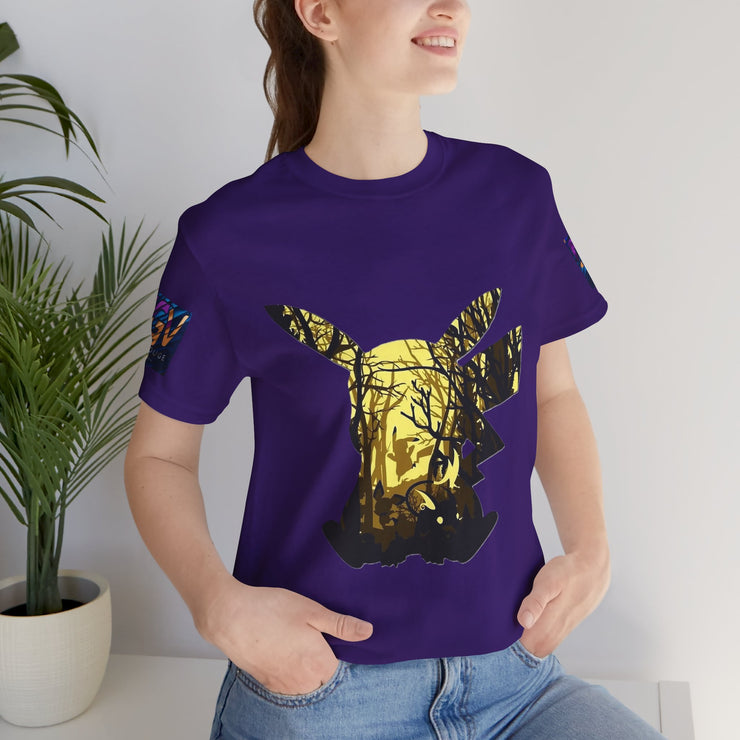 Person wearing a purple t-shirt with a gold and black deer design, standing indoors next to a plant.