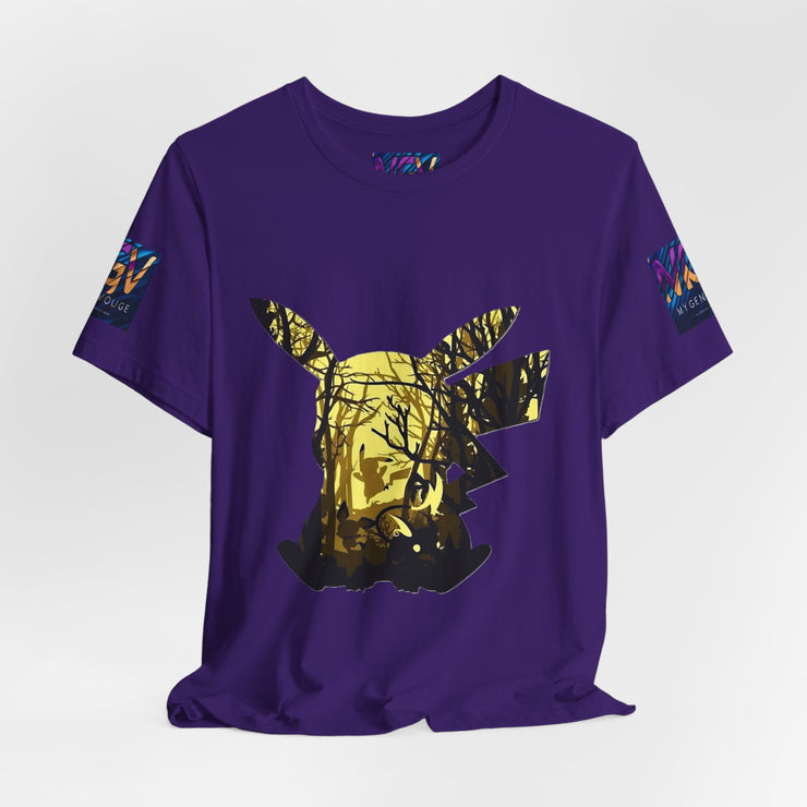 Purple t-shirt with a graphic design of a deer in a forest on a white background