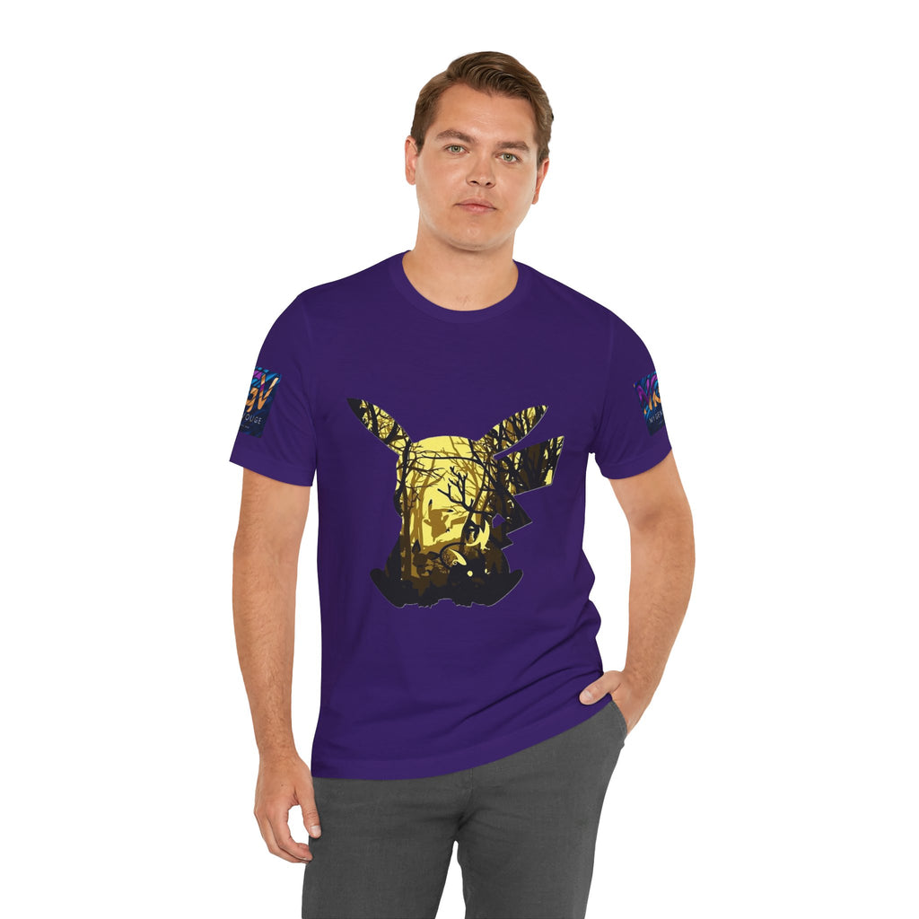 Man wearing a purple t-shirt with a graphic design on a white background