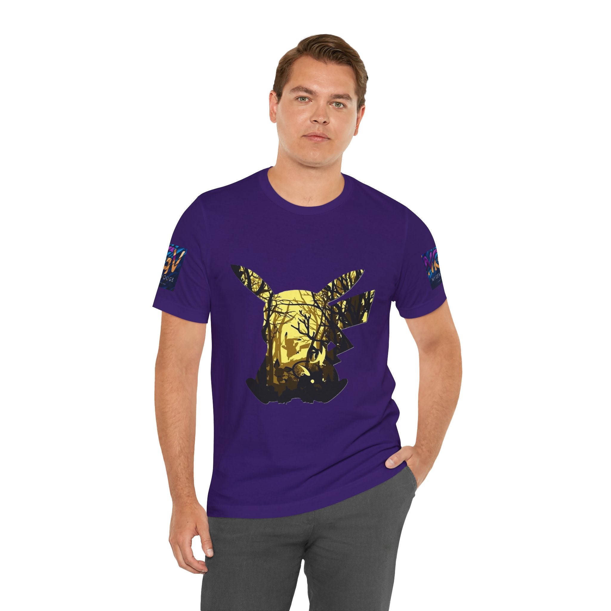 Man wearing a purple t-shirt with a graphic design on a white background