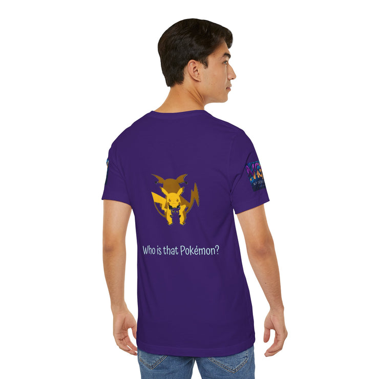 Person wearing a purple t-shirt with a Pokémon graphic and text on the back