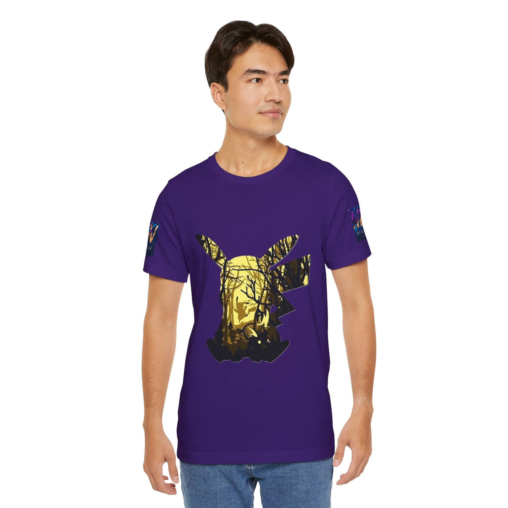 Man wearing a purple t-shirt with a graphic design on a white background