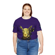 Person wearing a purple t-shirt with a gold and black design on a white background