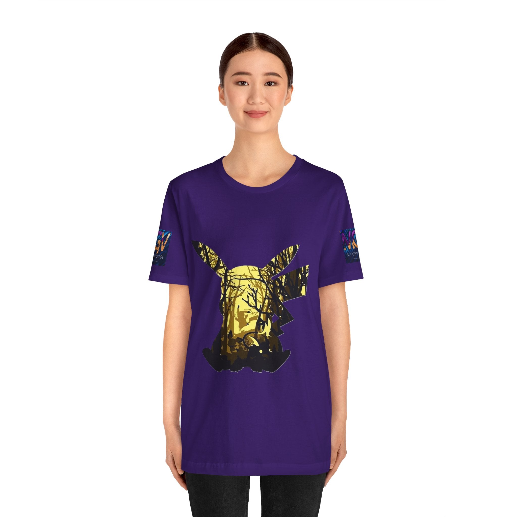 Person wearing a purple t-shirt with a gold and black graphic design on a white background