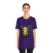 Person wearing a purple t-shirt with a gold and black graphic design on a white background