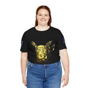 Person wearing a black t-shirt with a gold graphic design on a white background