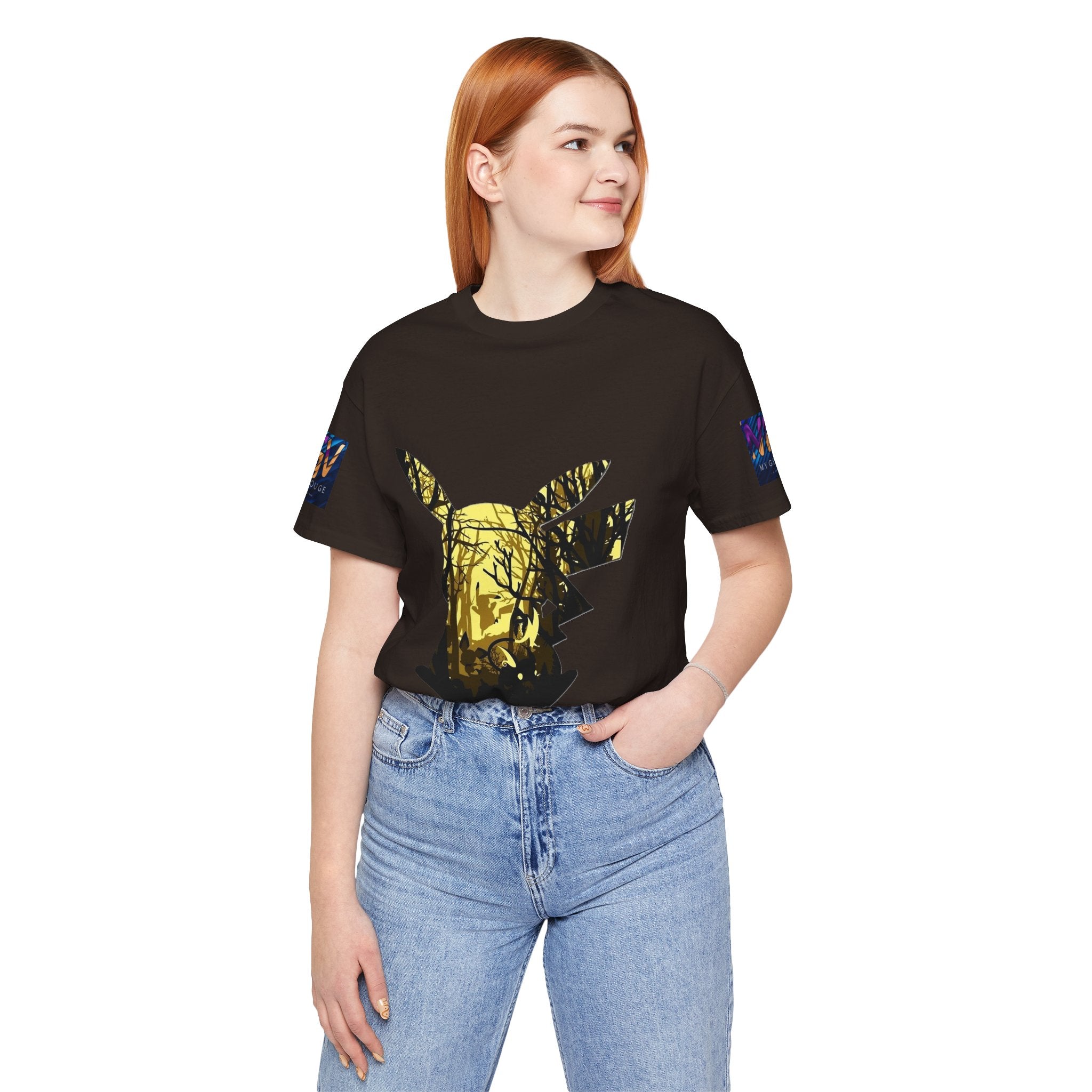 Person wearing a black t-shirt with a graphic design on a white background