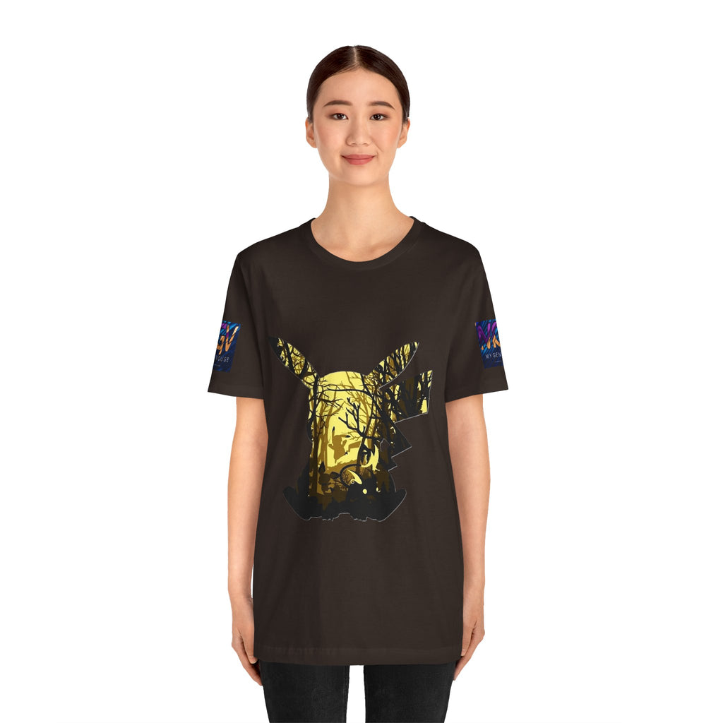 Person wearing a black t-shirt with a gold graphic design on a white background