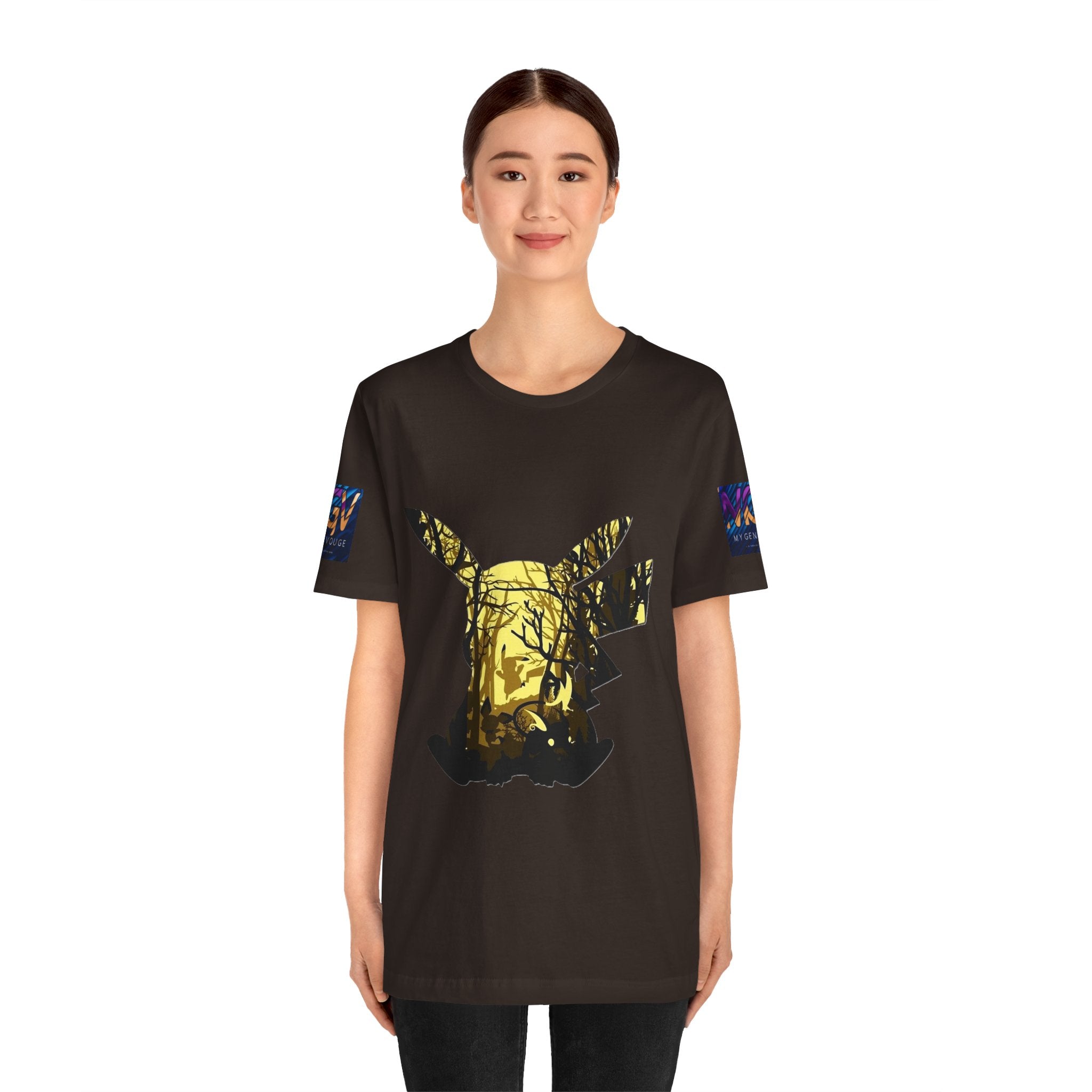 Person wearing a black t-shirt with a gold graphic design on a white background