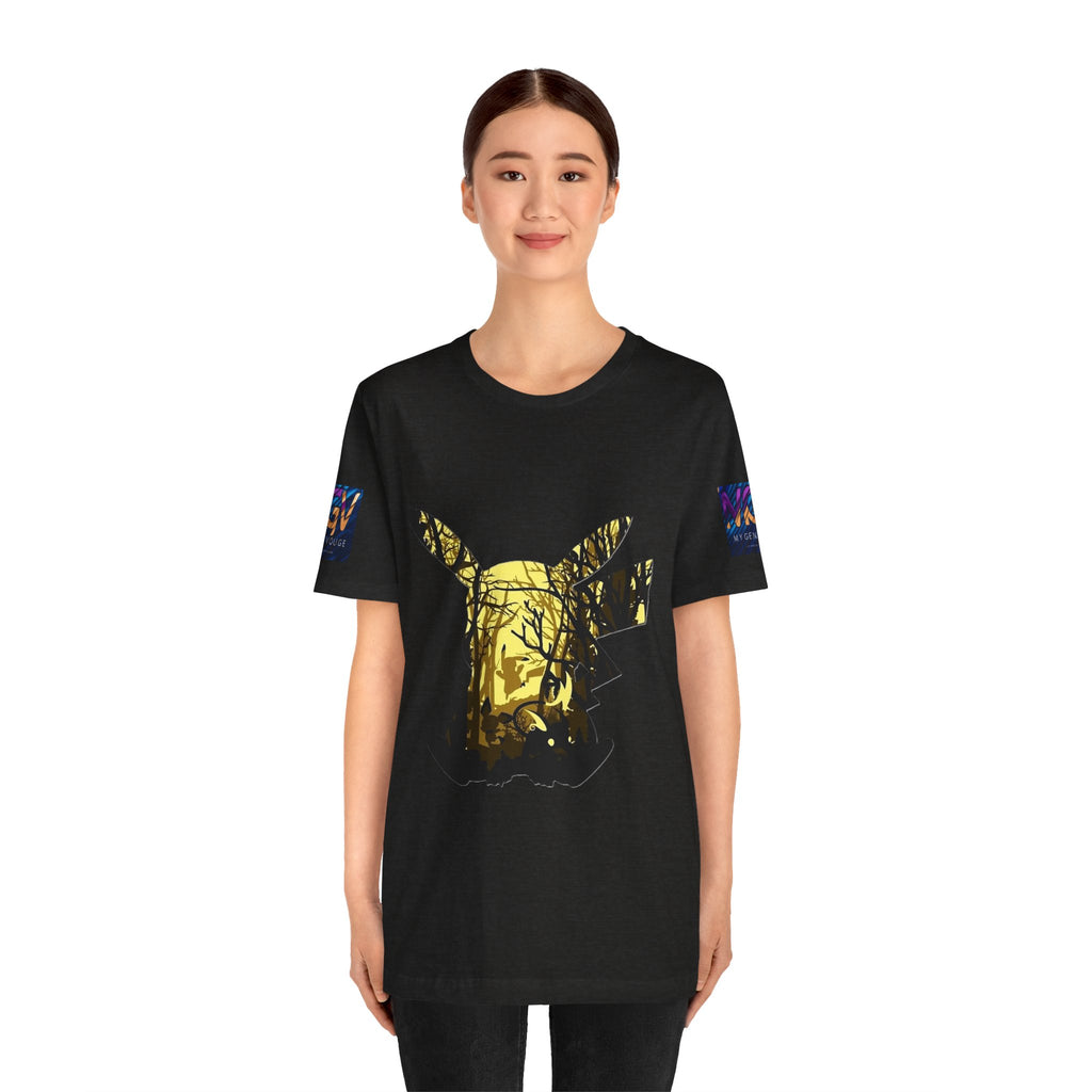 Person wearing a black t-shirt with a gold graphic design on a white background