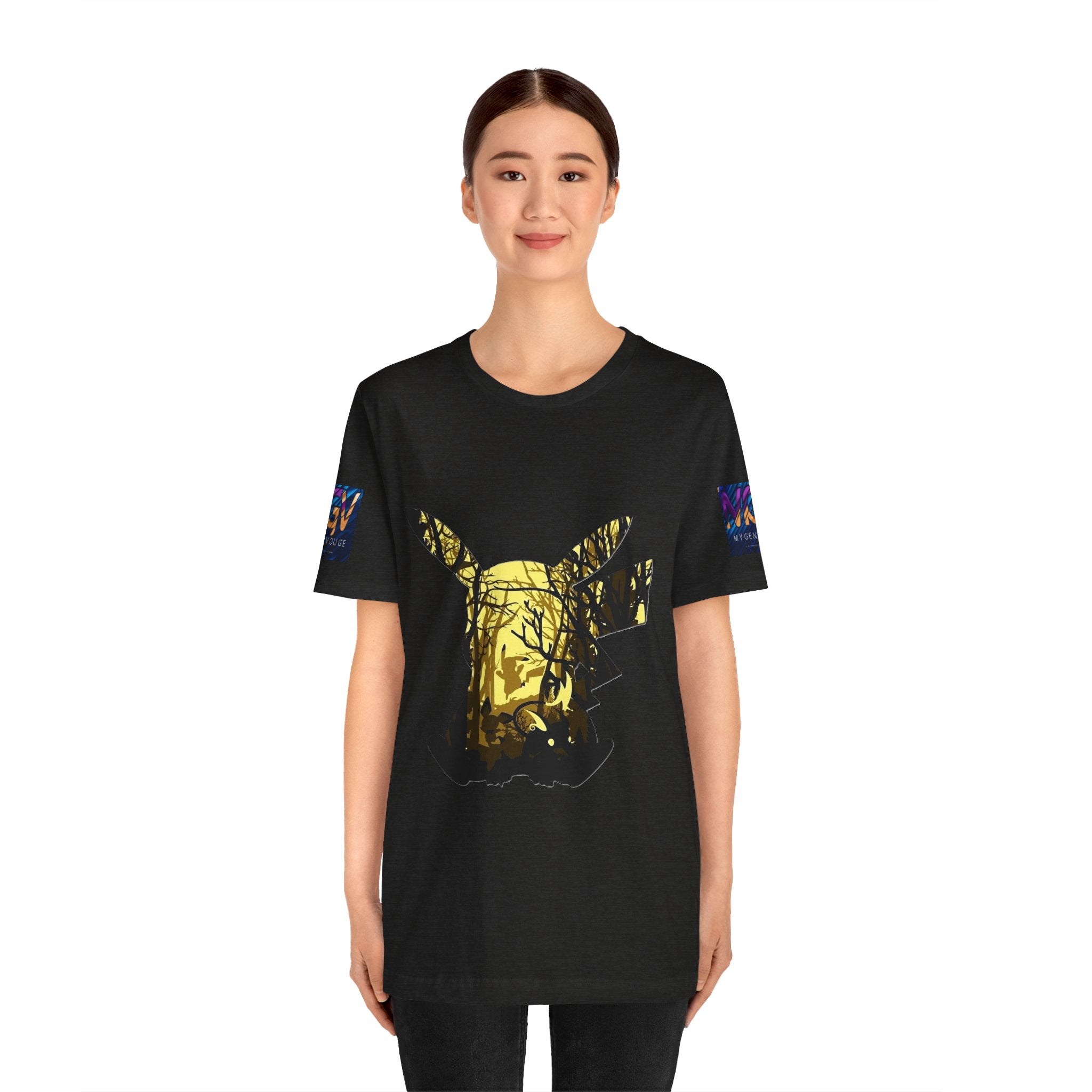 Person wearing a black t-shirt with a gold graphic design on a white background