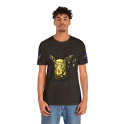 Person wearing a black t-shirt with a graphic design on a white background