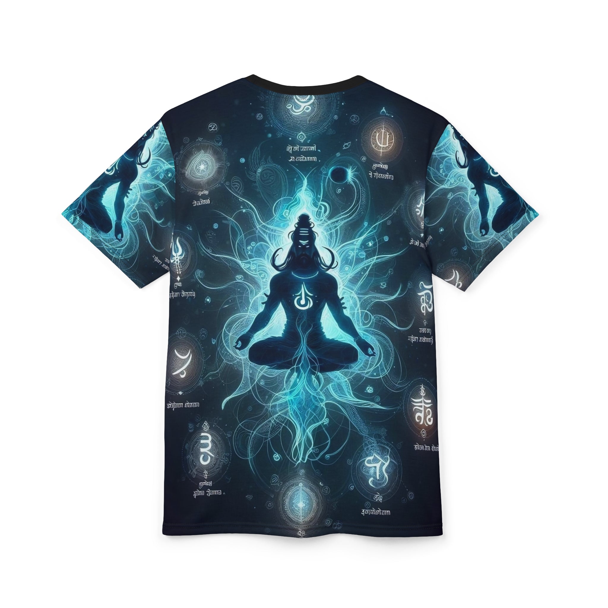 T-shirt with a meditating figure and astrological symbols on a dark background