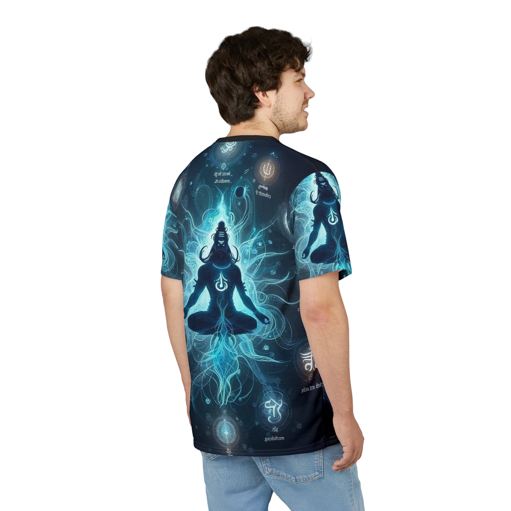 Person wearing a t-shirt with a blue and black design on the back
