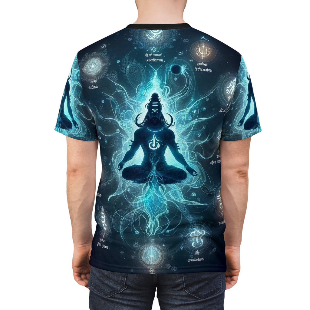 T-shirt with a blue and black design of a meditating figure on a white background