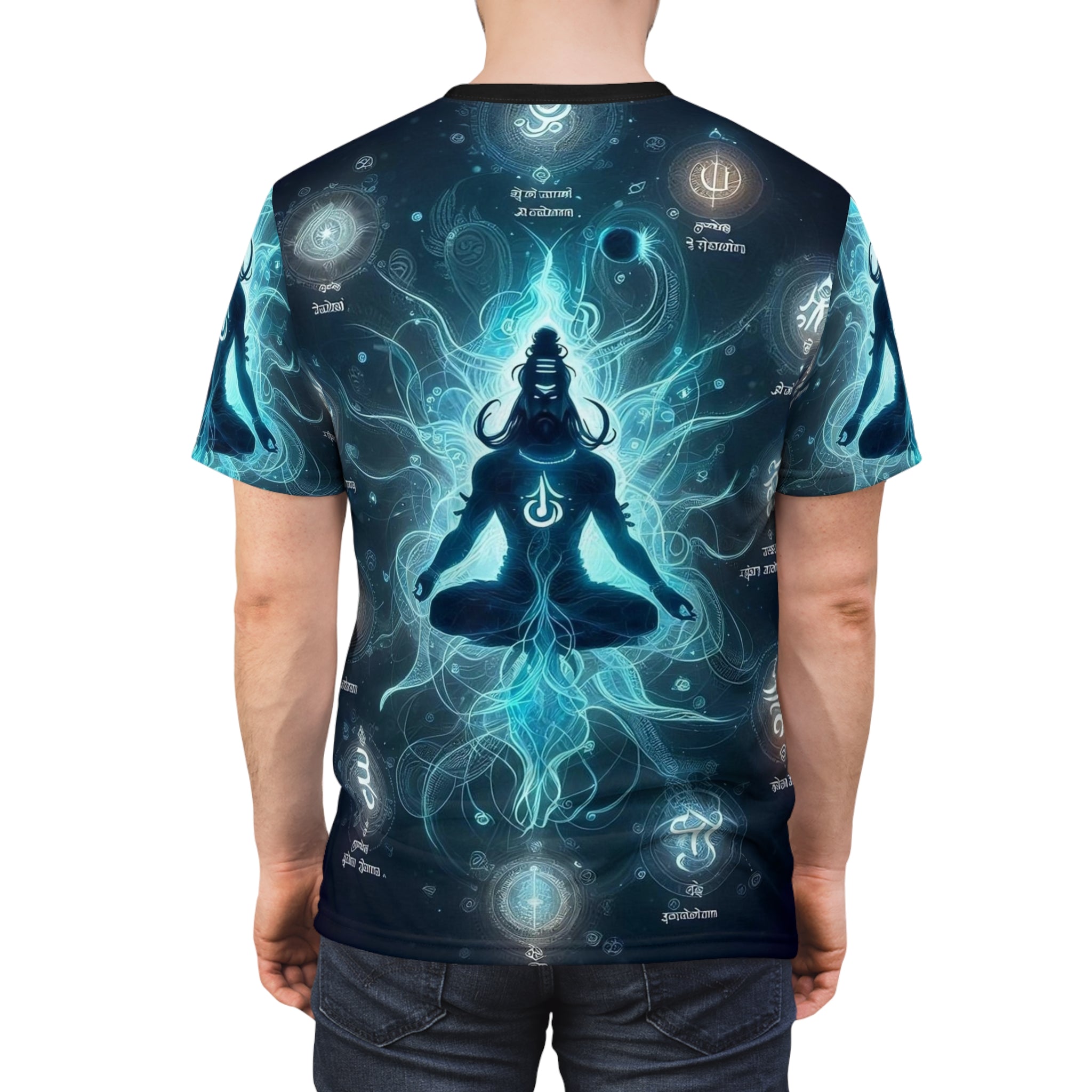 T-shirt with a blue and black design of a meditating figure on a white background
