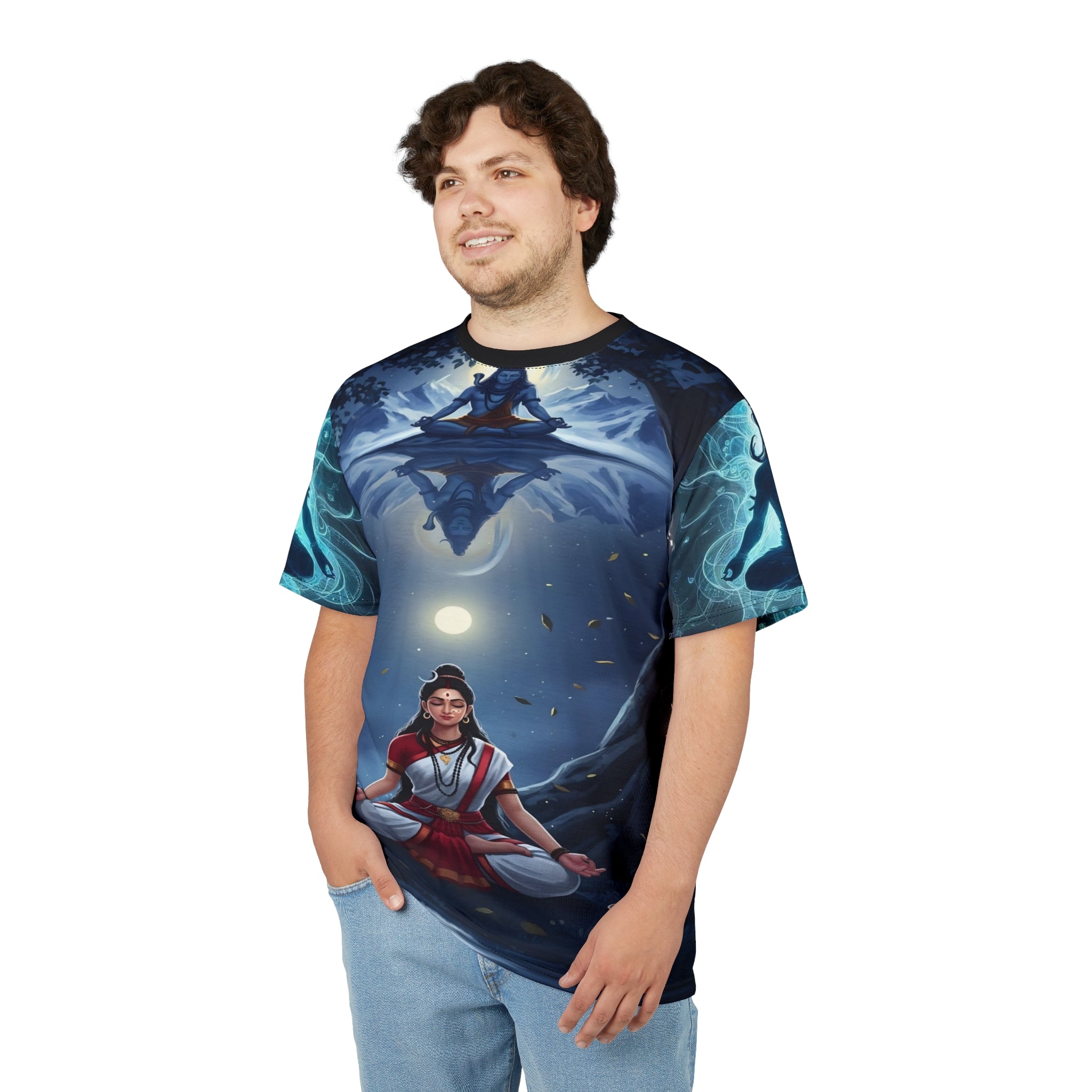 Person wearing a t-shirt with a fantasy design on a white background