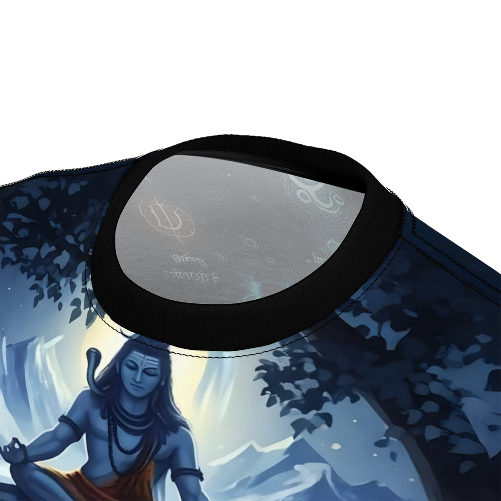 Product with a design of a seated figure in a natural setting, featuring mountains and trees.