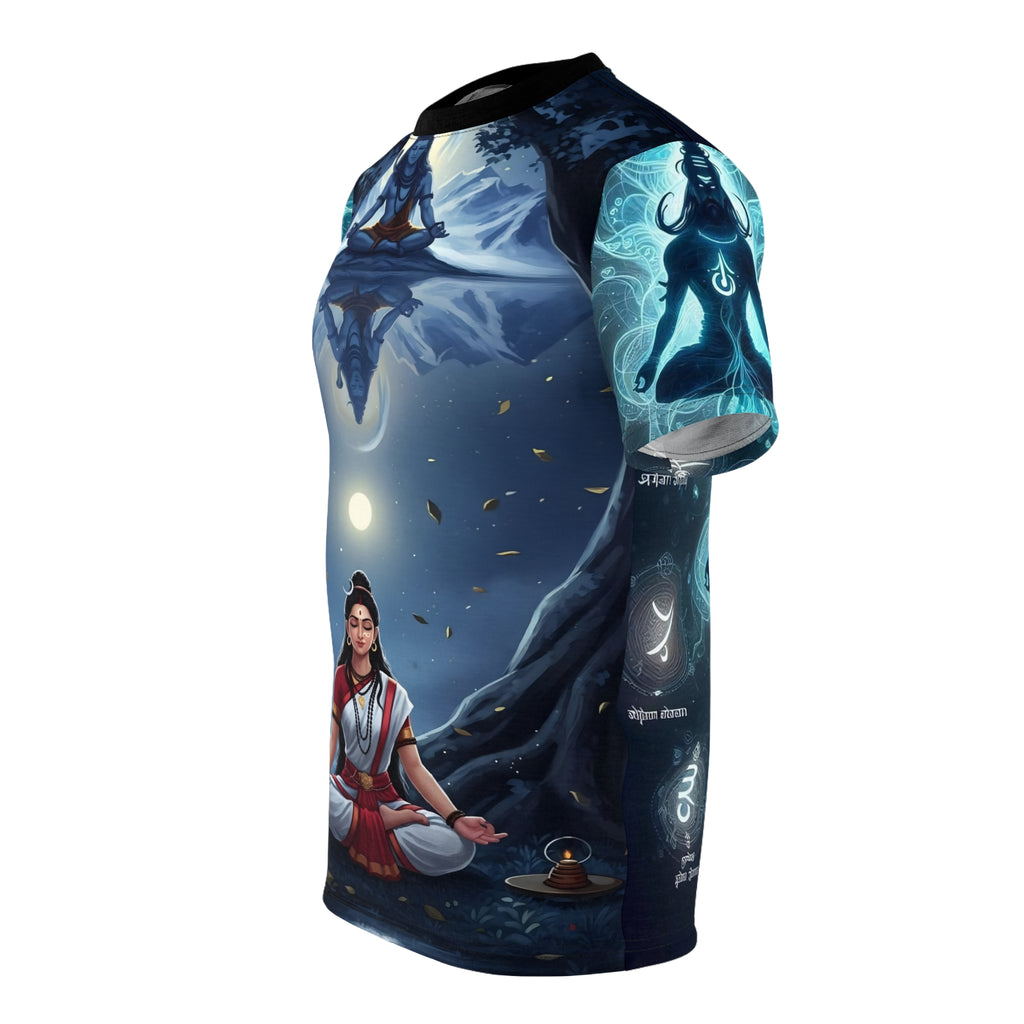 T-shirt with a fantasy design featuring a person in a red outfit and a night sky with stars.