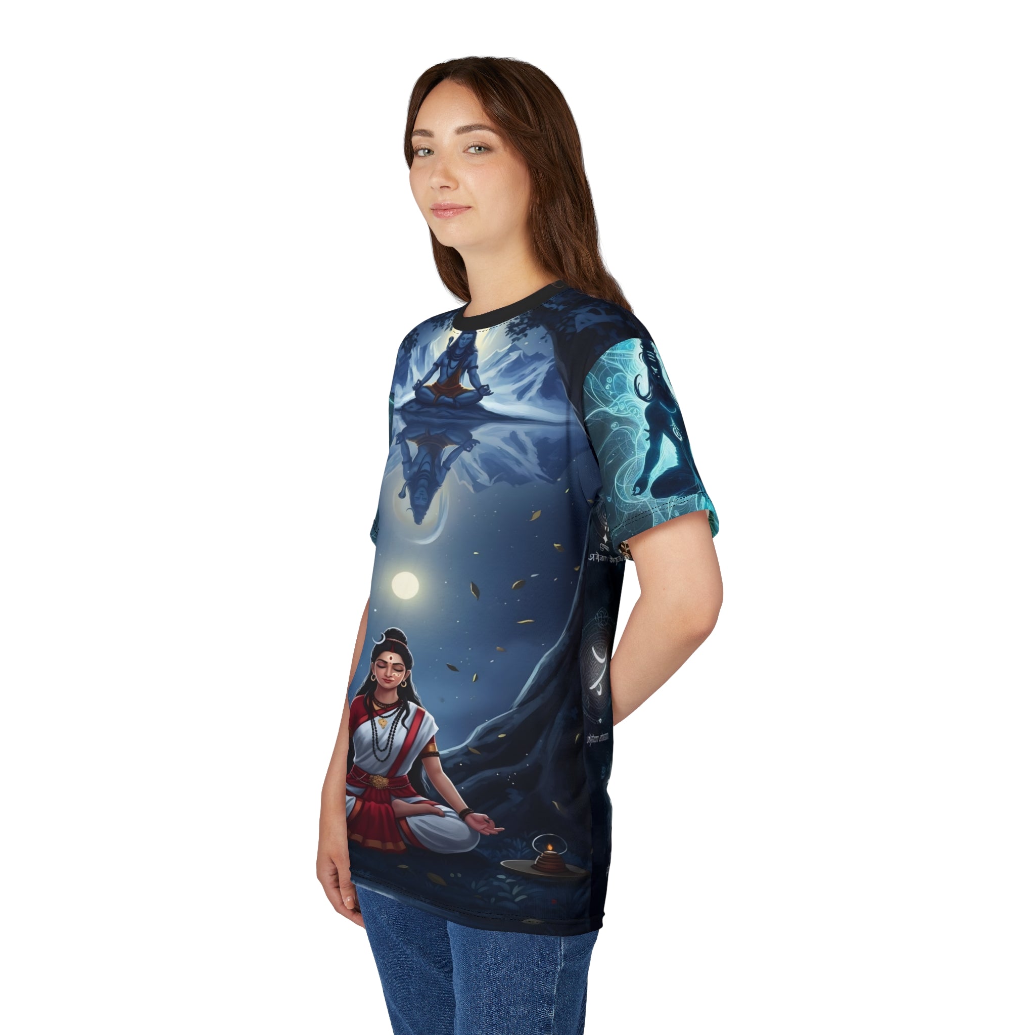 Woman wearing a t-shirt with a graphic design on a white background