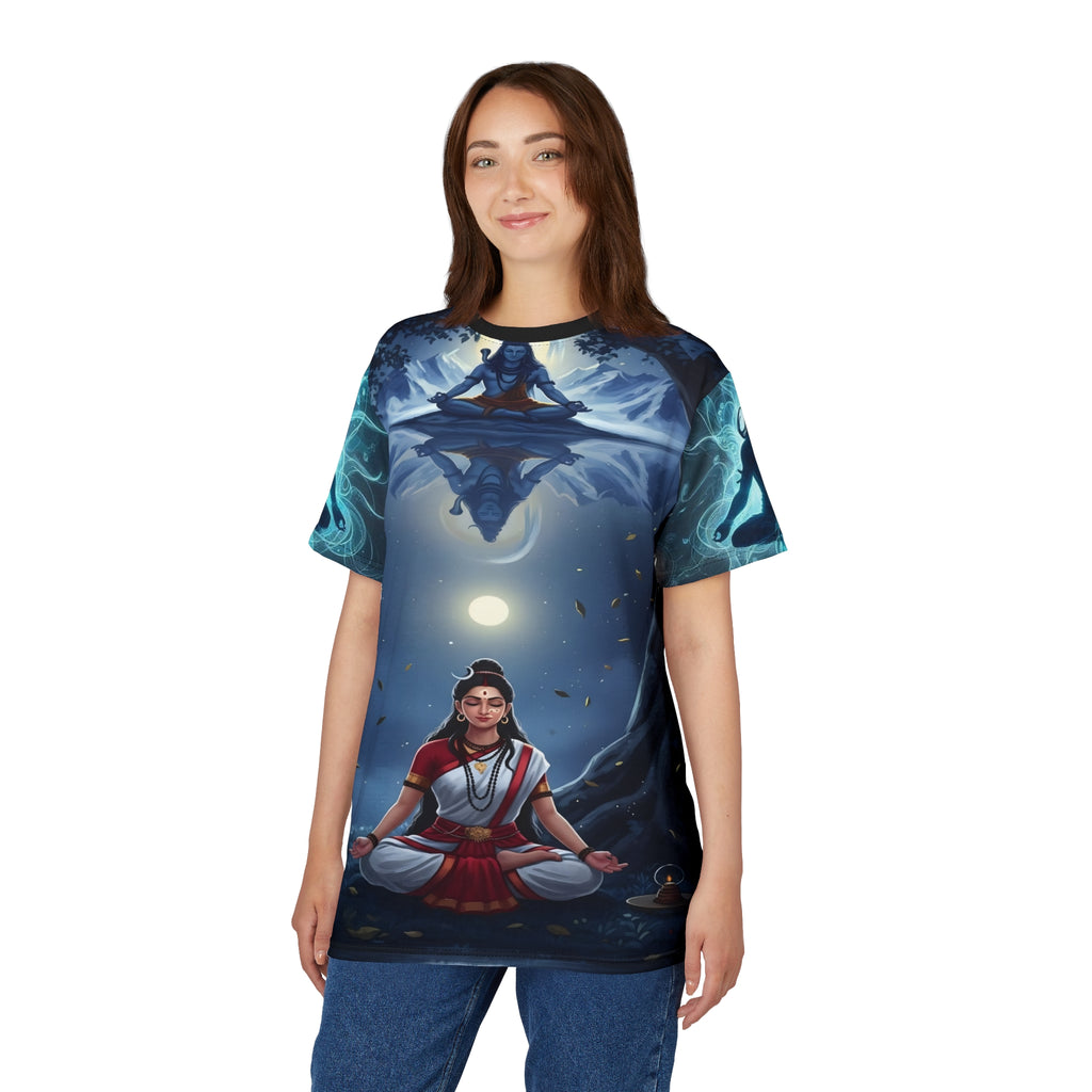Woman wearing a t-shirt with a spiritual design of a meditating figure.