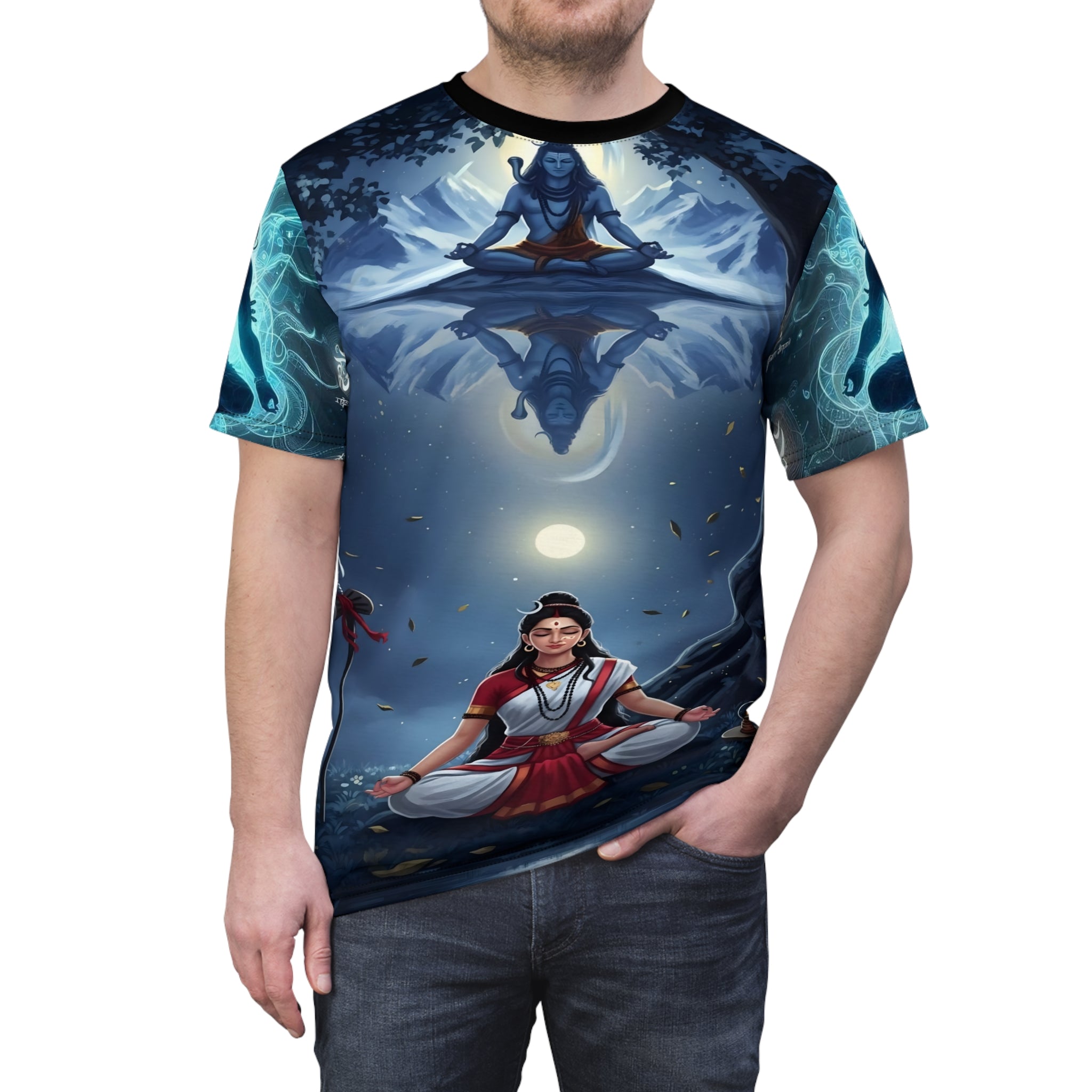 T-shirt with a fantasy design of two people sitting under a moonlit sky.