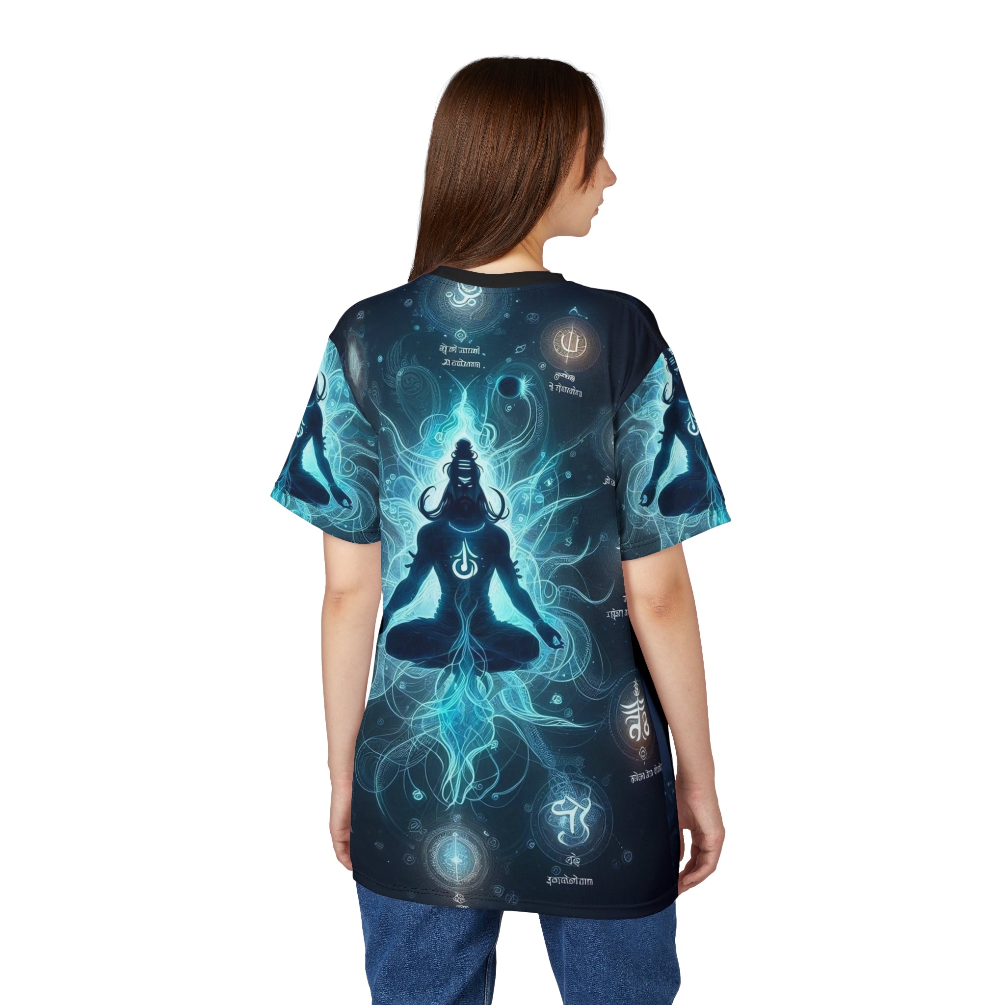 Person wearing a t-shirt with a blue and black design on the back