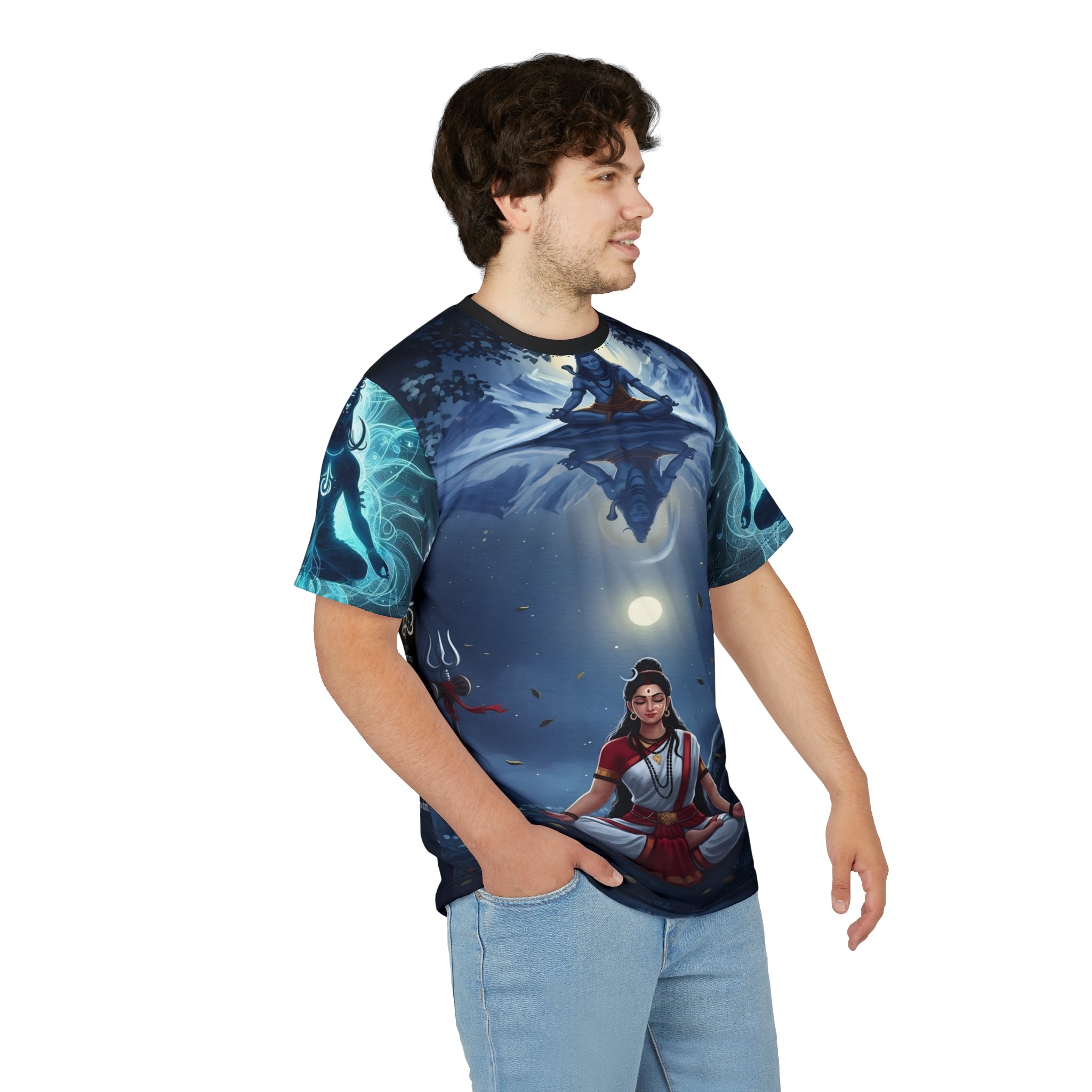 Man wearing a t-shirt with a fantasy design on a white background
