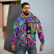 Man wearing a colorful hoodie with abstract patterns and text.