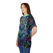 Woman wearing a black t-shirt with colorful Baby Leopard  left side design on a white background