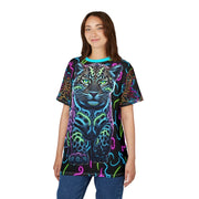 Person wearing a colorful t-shirt with a Baby Leopard design on a white background