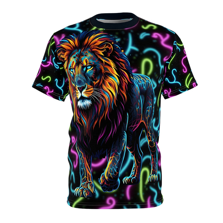 T-shirt with a colorful lion design on a white background
