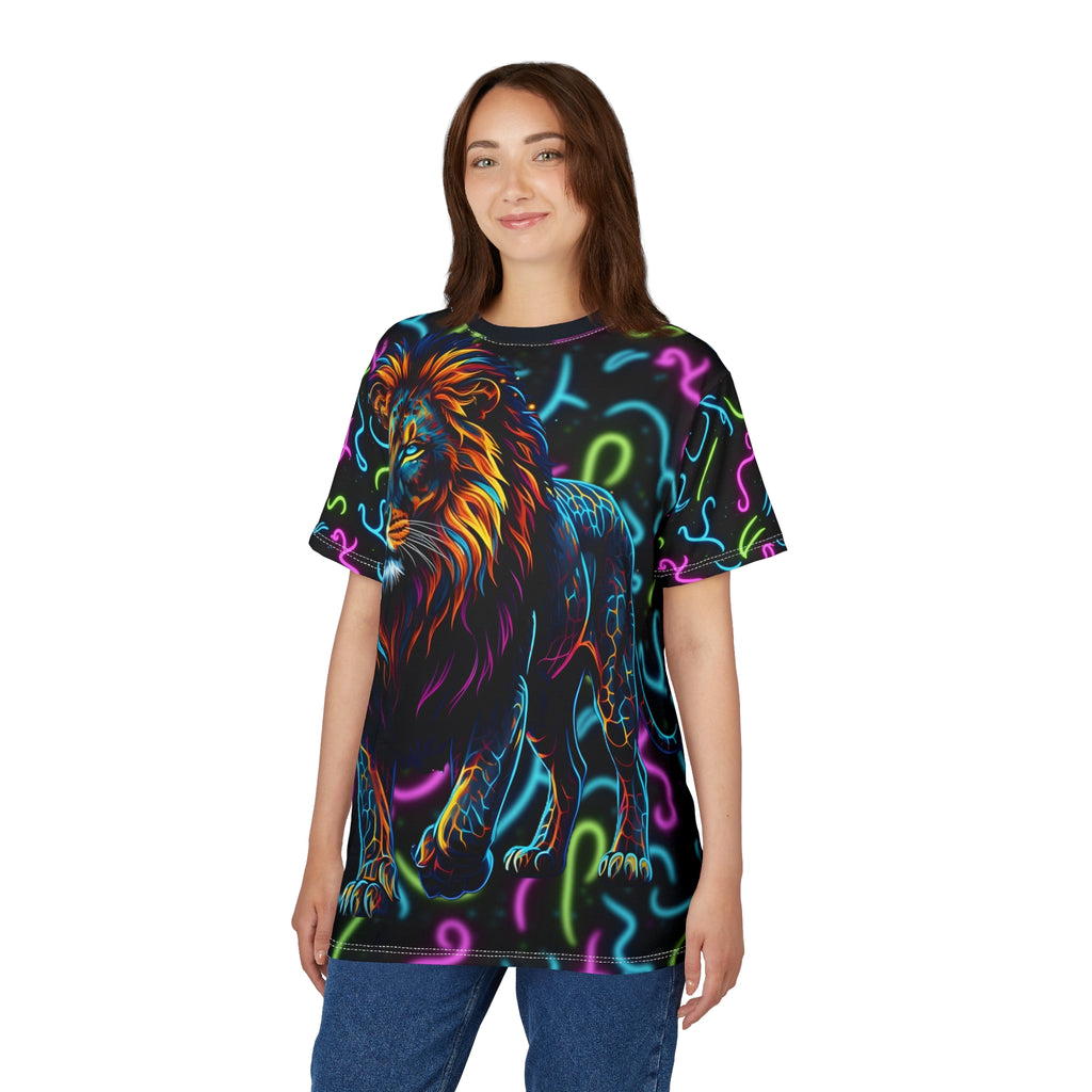 Person wearing a colorful lion graphic t-shirt on a white background