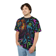 Person wearing a colorful t-shirt with a lion design on a white background