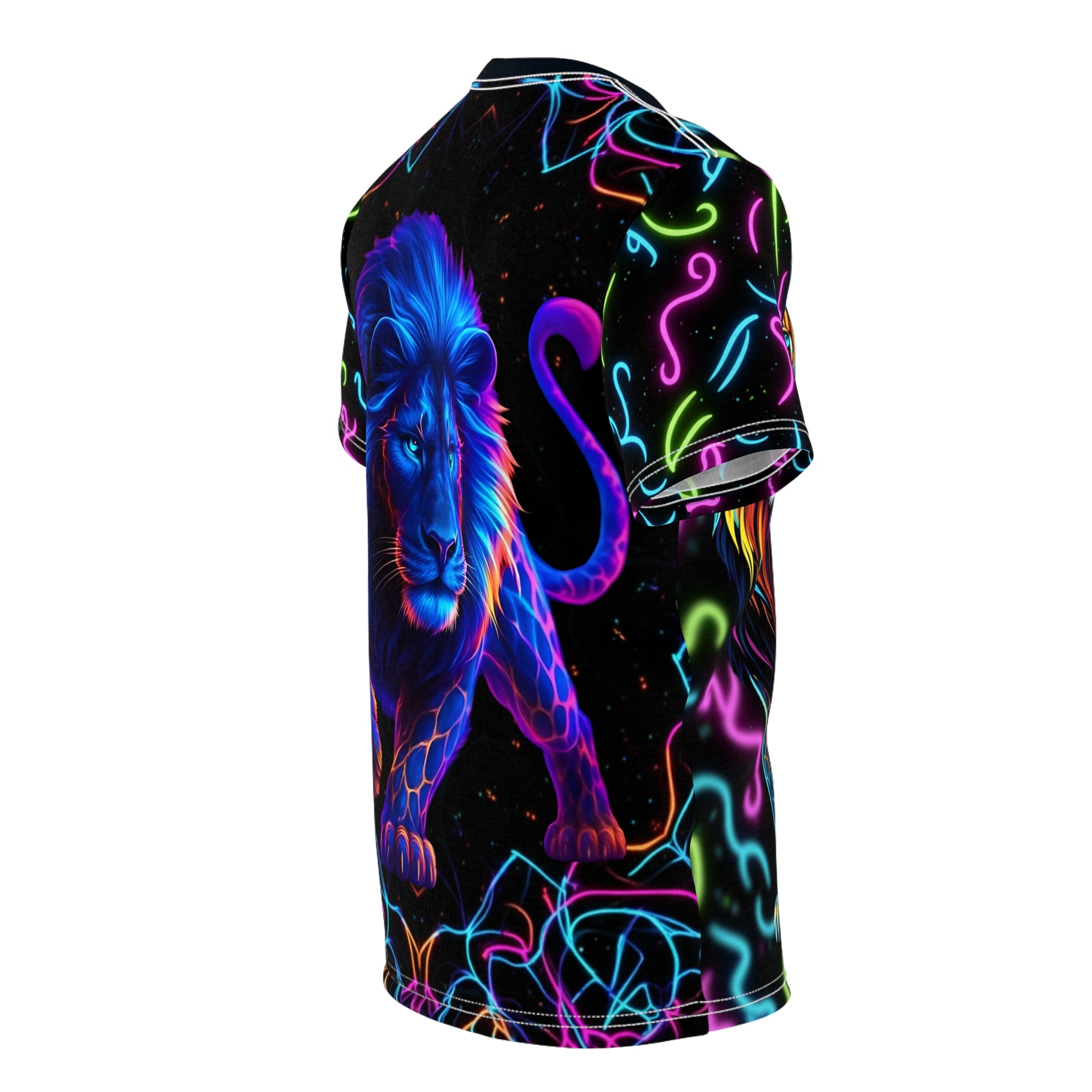Neon lion graphic on a black background back side