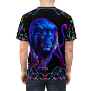 T-shirt with a colorful lion design on a black background