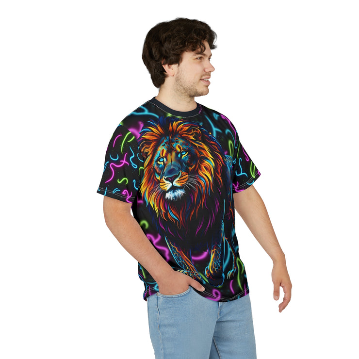 Person wearing a colorful lion t-shirt with a black background