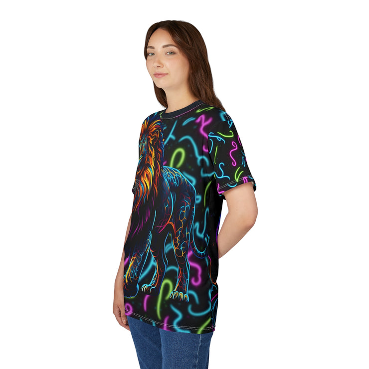 Person wearing a black t-shirt with colorful dinosaur design on a white background