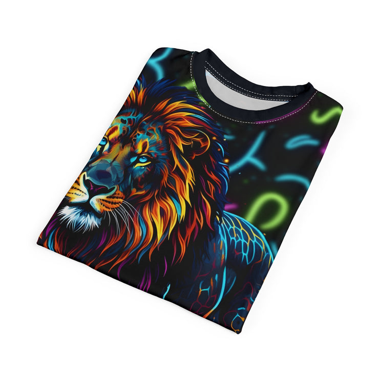 Colorful lion graphic on a black shirt with neon accents