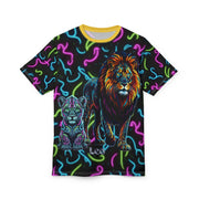 T-shirt with a colorful design of a lion and cub on a black background with neon patterns.